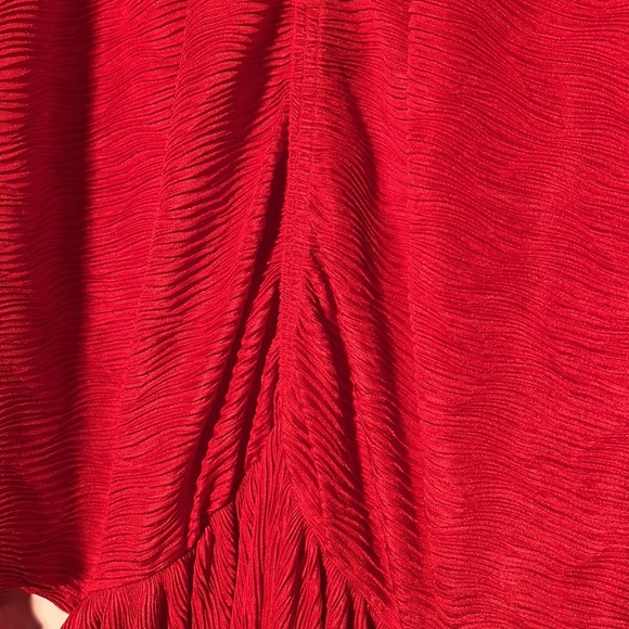 ZARA Kimono SLV Shimmer Ribbed Draped Lettuce Edge V-Neck Red Midi Party Dress S - Picture 4 of 16